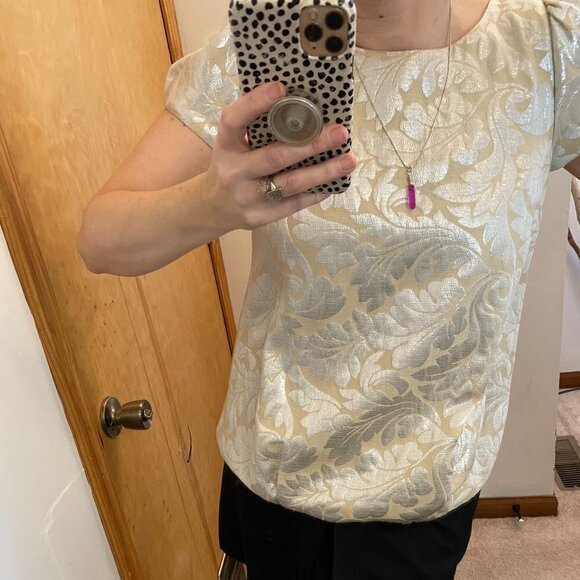 Tibi NY Silver and Gold Metallic Jacquard Leaf Bubble Sleeve Holiday Top - Picture 12 of 13